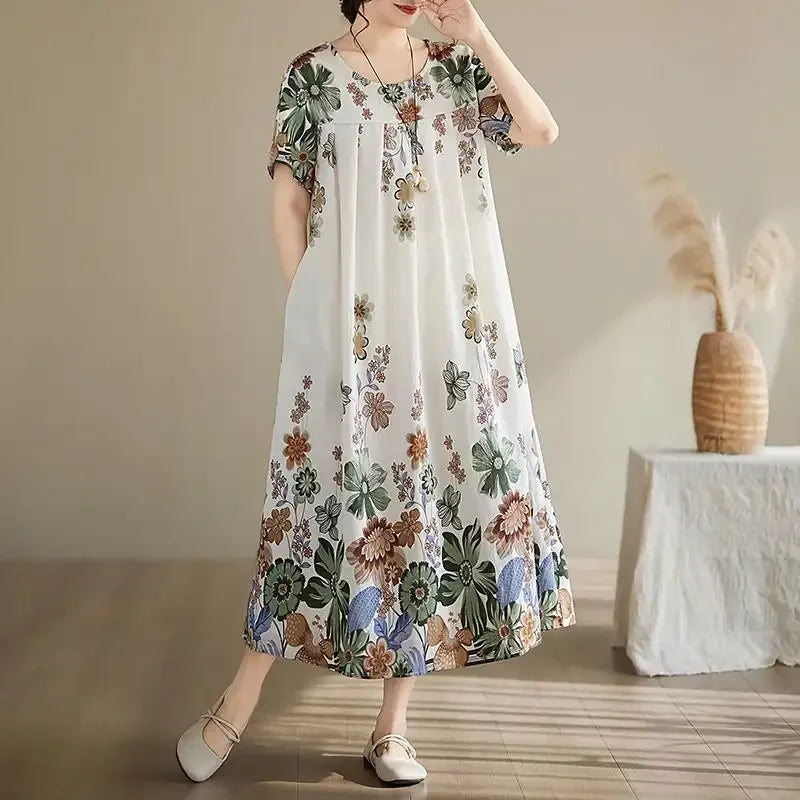 Women's Ethnic Print Cotton Dress Short Sleeve Loose Plus Size Summer Maxi Dress