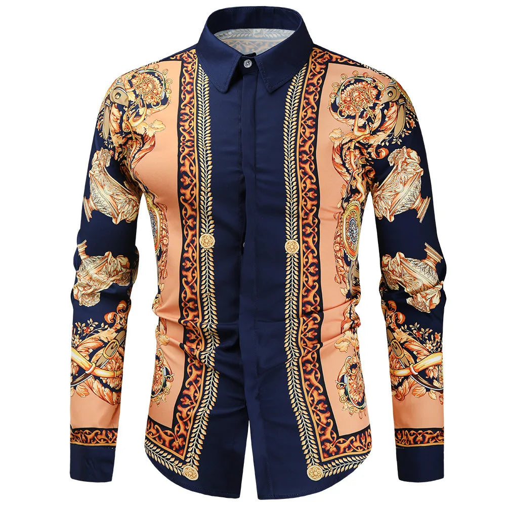 2025 men's fashionable tribal totem print pattern casual high-quality men's long sleeved shirt luxurious high-quality shirt