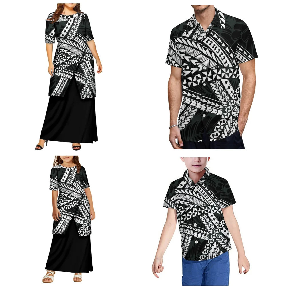 Polynesian Family Set Customization Women And Girls Puletasi Men And Boys Shirts Samoan Tribal Pattern Design Dresses