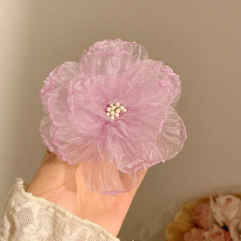Hawaiian Beach Vacation 3D Sheer Organza Flower Hair Clip Non-slip Hair Accessories for Women Girl Travel Photography Daily Wear