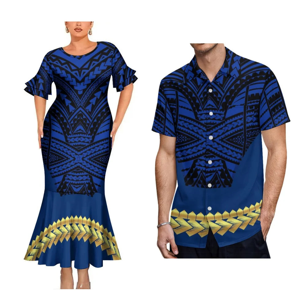 2025 High Quality Hawaiian Women'S Petal-Sleeve Dress Samoan Ethnic Evening Dress Polynesian Island Men'S Aloha Shirt