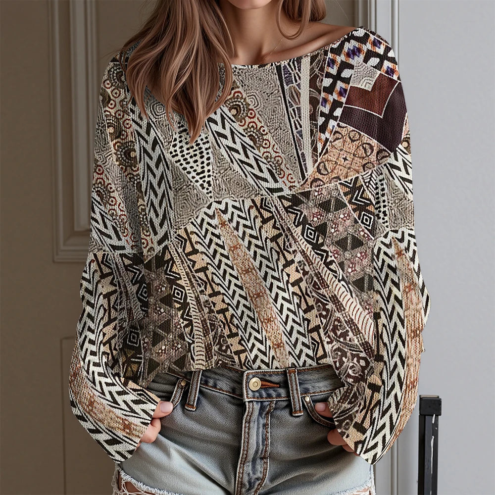 Vintage Tribal Totem Print Off-Shoulder Top Women Long Sleeve T-Shirt Boho Chic Blouse Western Cowboy Style Daily Wear Plus Size