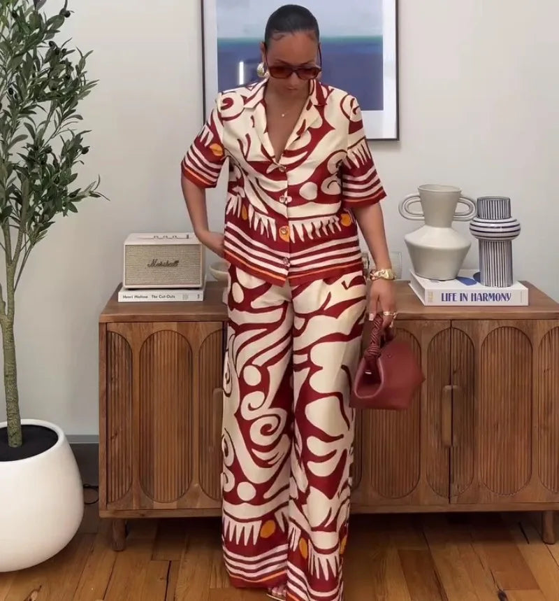 Women's African Print 2 Piece Set Tribal Pattern Short Sleeve Button Shirt + High Waist Wide Leg Pants Elegant Summer Outfits