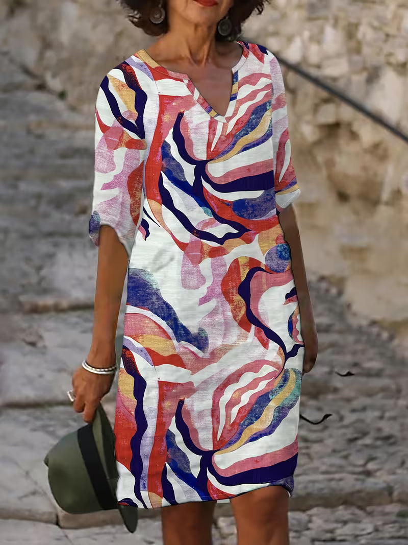 Women's Island Printed Linen Dress | V-Neck Casual Style