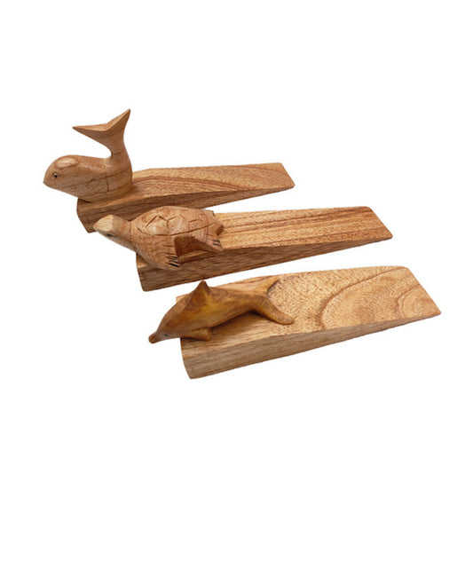 Hand-Carved Wooden Door Stopper Set Whale Turtle Dolphin 7 Inch