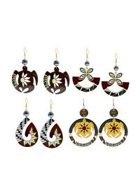 Coconut Shell Earrings Assorted Tribal Designs Set of 4