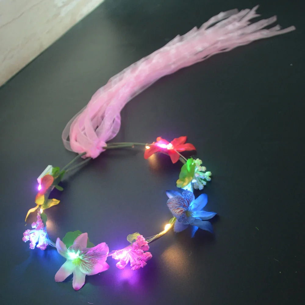 Hawaiian Lei Headband Light Up Flower Wreath Crown for Girl Women Holiday Party Birthday  Luminous Wedding Festival