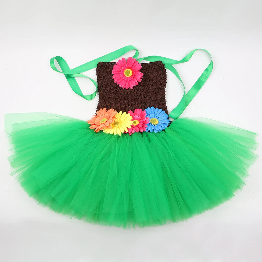 Hawaiian Costume Outfit for Girls Luau Beach Party Flowers Tulle Tutu Dress Kids Halloween Carnival Hawaii Princess Dress Up