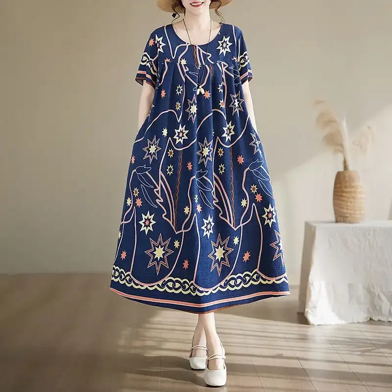 Women's Ethnic Print Cotton Dress Short Sleeve Loose Plus Size Summer Maxi Dress