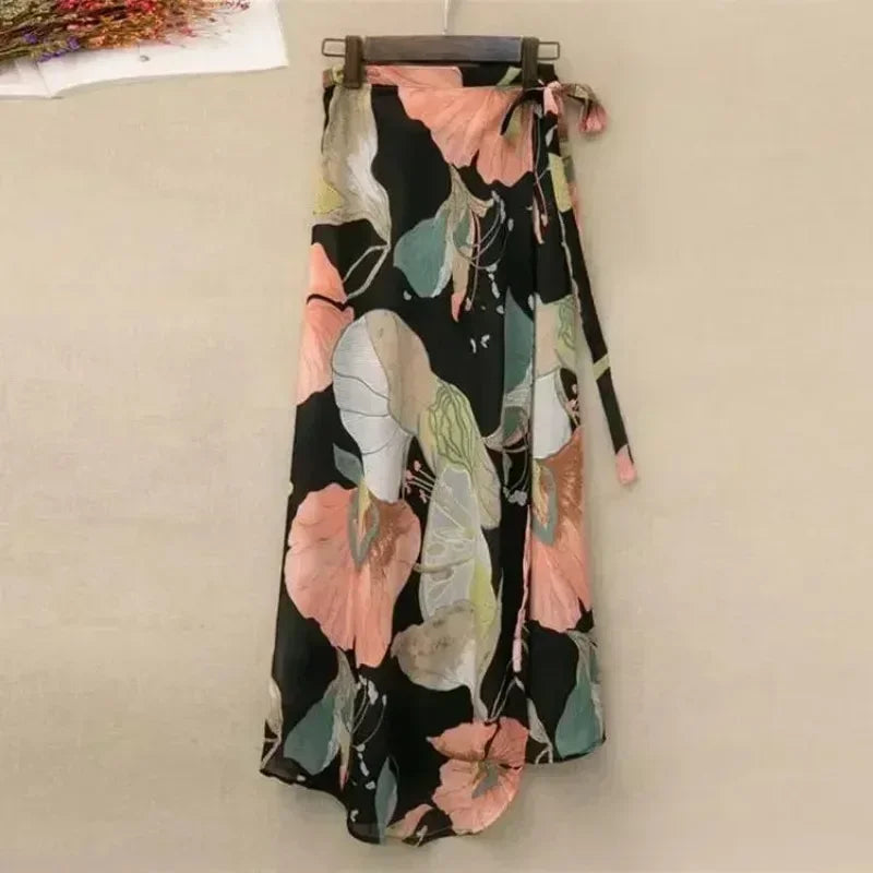 2025 New Women's One-Piece Floral Print Skirt High Waist Wrap Chiffon Beach Dress with Tie Waist Summer Vacation Boho Style