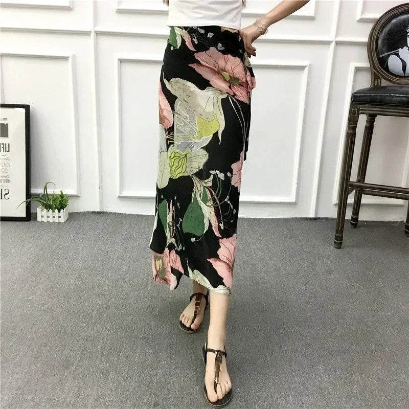 2025 New Women's One-Piece Floral Print Skirt High Waist Wrap Chiffon Beach Dress with Tie Waist Summer Vacation Boho Style