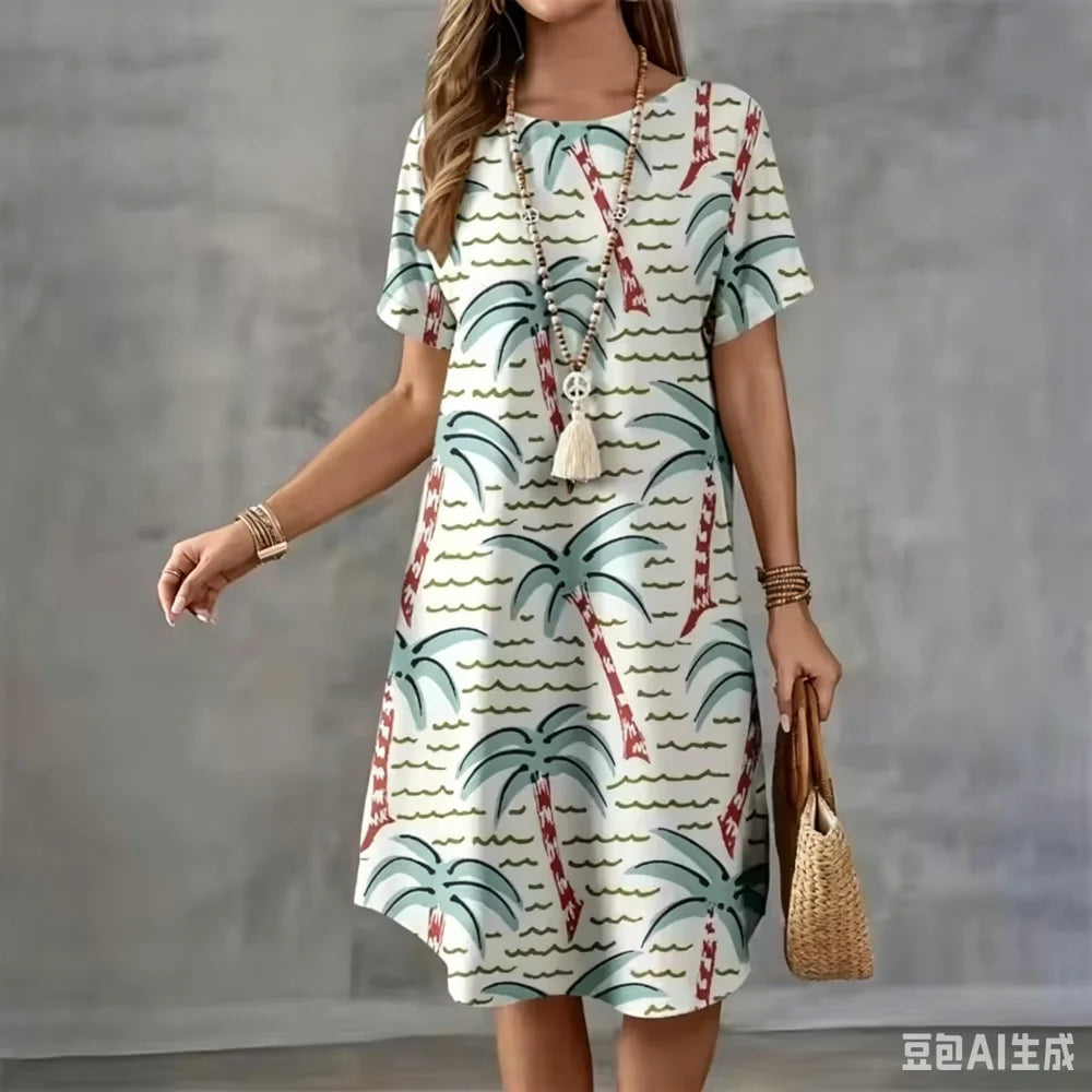 Summer Holiday Hawaiian Dress For Women New Ladies O-Neck Short Sleeve Loose Dress Casual Coconut Tree 3D Print Beach Dresses