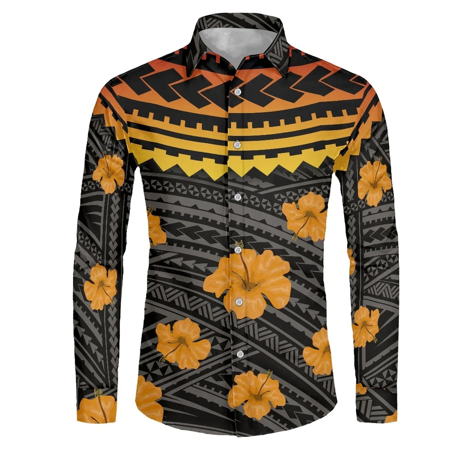 Polynesian Tribal Fijian Totem Tattoo Fiji Prints Men Party Shirt Long-Sleeved Button (USA SIZE XS S M L XL 2XL 3XL 4XL 5XL 6XL)