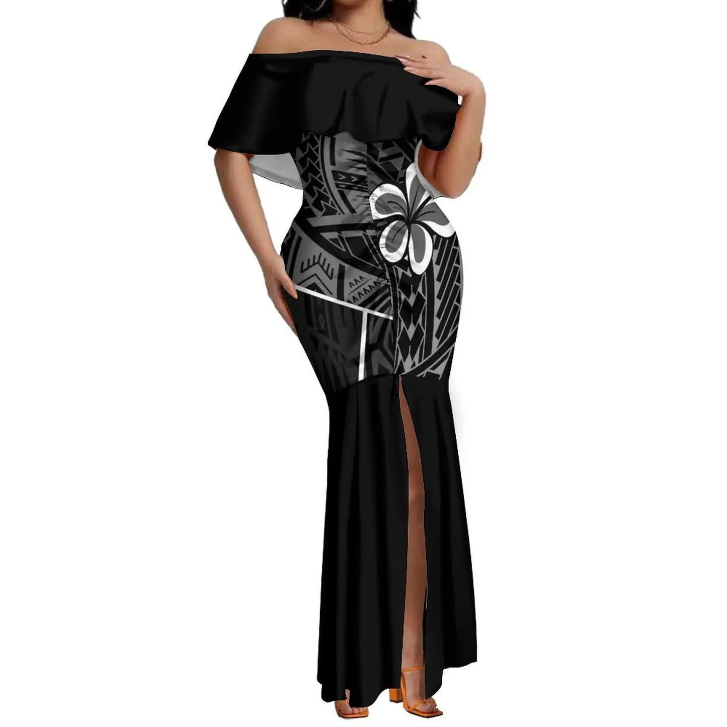 Custom Samoan Dress Women'S Off-The-Shoulder Dress Hawaiian Party Fishtail Skirt And Men'S Shirt Polynesian Couple Suit