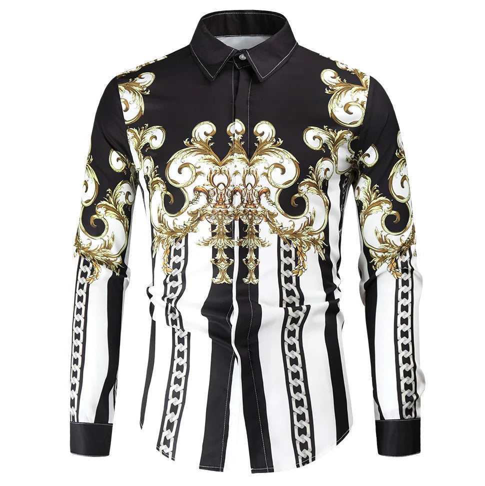 2025 men's fashionable tribal totem print pattern casual high-quality men's long sleeved shirt luxurious high-quality shirt