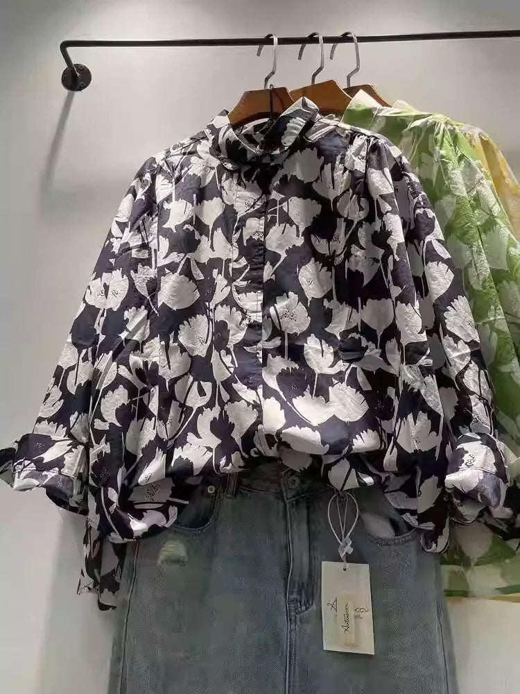 2025 Large size Hawaiian shirt for women art style pure cotton yellow green navy blue printed shirts long sleeve blouses