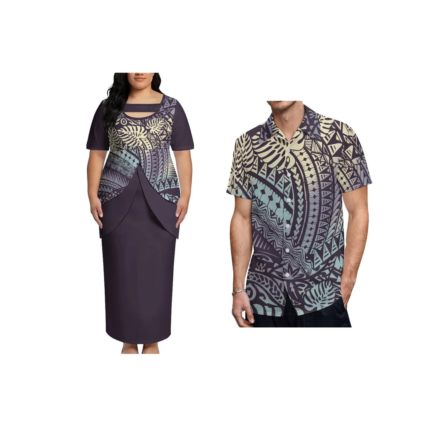 2026 New Arrival Polynesian Tribal Print Maxi Dress for Women Custom Tonga Puletasi Dress Samoan Round Neck Long Dress Two Piece