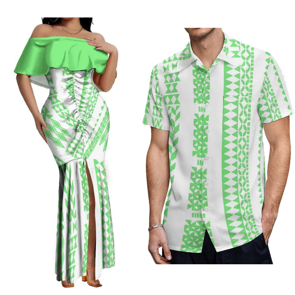 Custom Samoan Dress Women'S Off-The-Shoulder Dress Hawaiian Party Fishtail Skirt And Men'S Shirt Polynesian Couple Suit