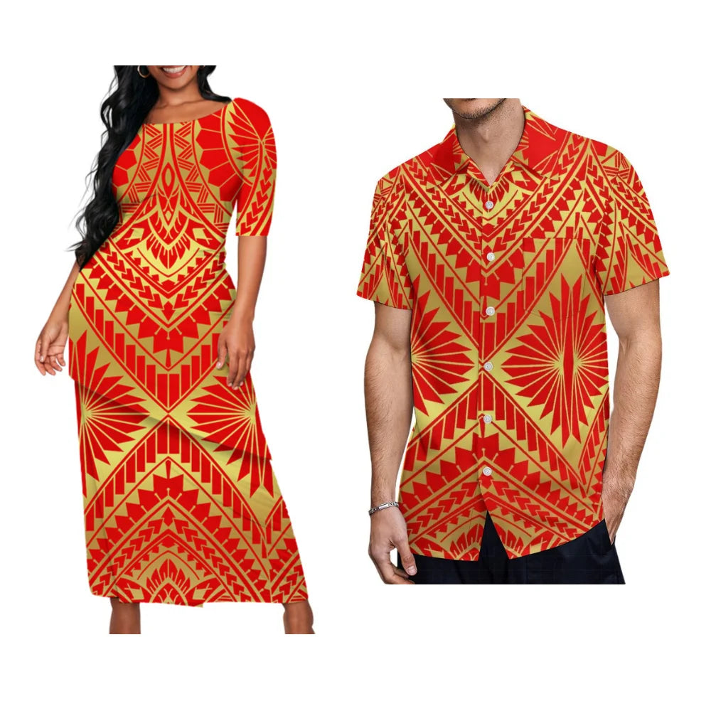 Samoan Tribal Print Summer Women's Double Suit Long Cress Puletasi Men's Hawaiian Shirt Custom Polynesian Couple Dress