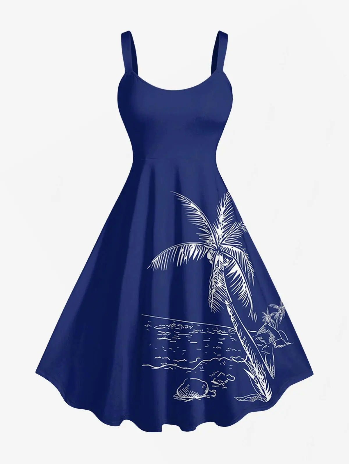 Hawaiian Tank Dress Women's Summer Coconut Tree Seascape Print Casual Sleeveless High Stretch Tropical Beach Sundress Vestidos