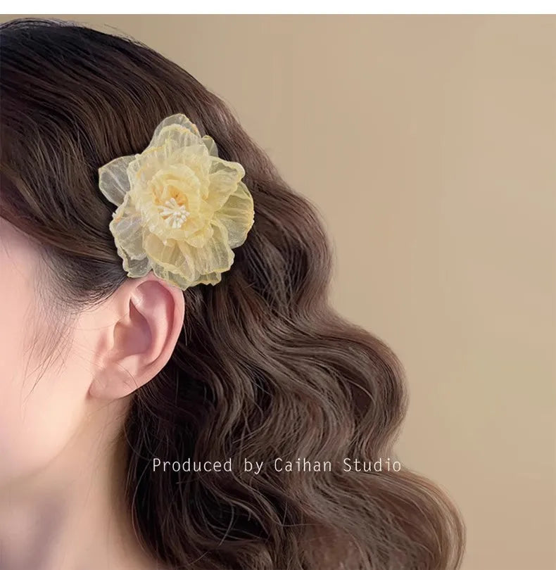 Hawaiian Beach Vacation 3D Sheer Organza Flower Hair Clip Non-slip Hair Accessories for Women Girl Travel Photography Daily Wear