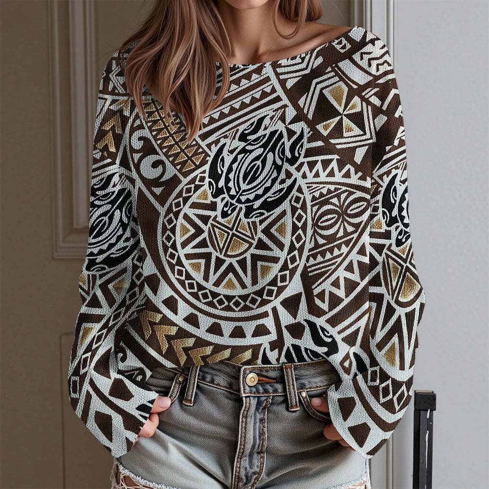 Vintage Tribal Totem Print Off-Shoulder Top Women Long Sleeve T-Shirt Boho Chic Blouse Western Cowboy Style Daily Wear Plus Size