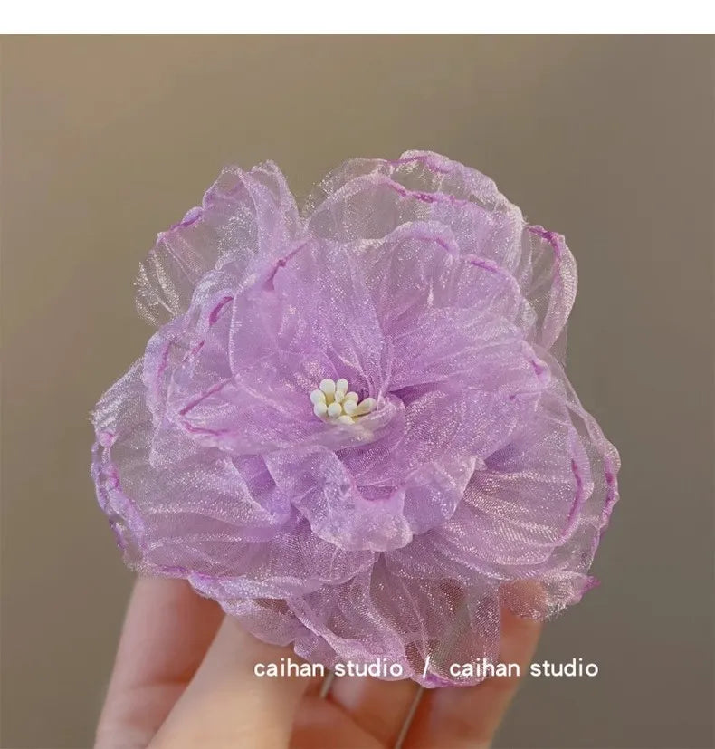 Hawaiian Beach Vacation 3D Sheer Organza Flower Hair Clip Non-slip Hair Accessories for Women Girl Travel Photography Daily Wear