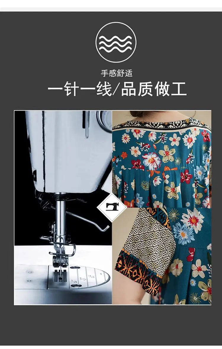 Women's Ethnic Print Cotton Dress Short Sleeve Loose Plus Size Summer Maxi Dress