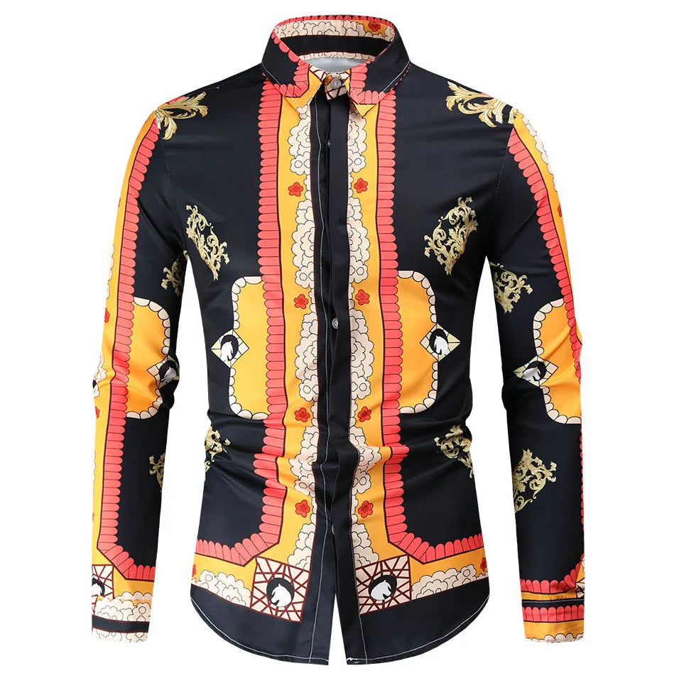 2025 men's fashionable tribal totem print pattern casual high-quality men's long sleeved shirt luxurious high-quality shirt