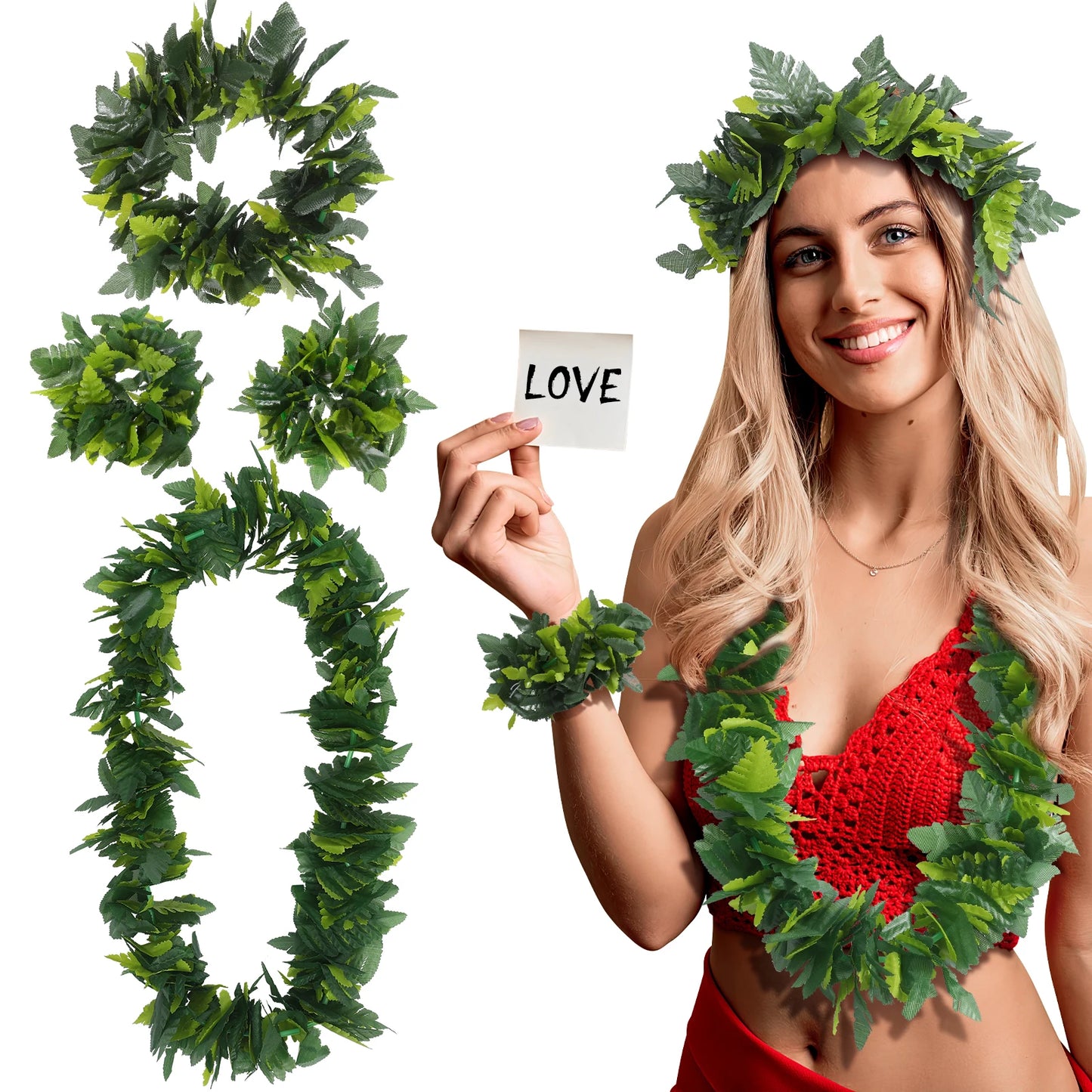 Hula Hawaiian Costume Set Hawaiian Party Garland Artificial Leave Headband Necklace Bracelet Tropical Beach Festive Party Supply