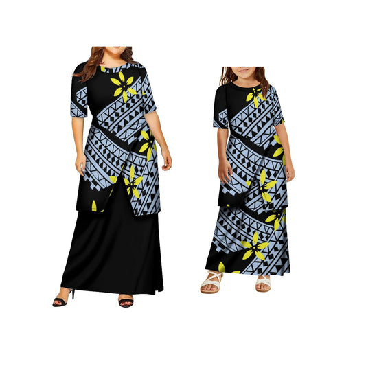 Polynesian Tribal Print Puletasi Set – Mother & Daughter Matching Dress (Plus Size)