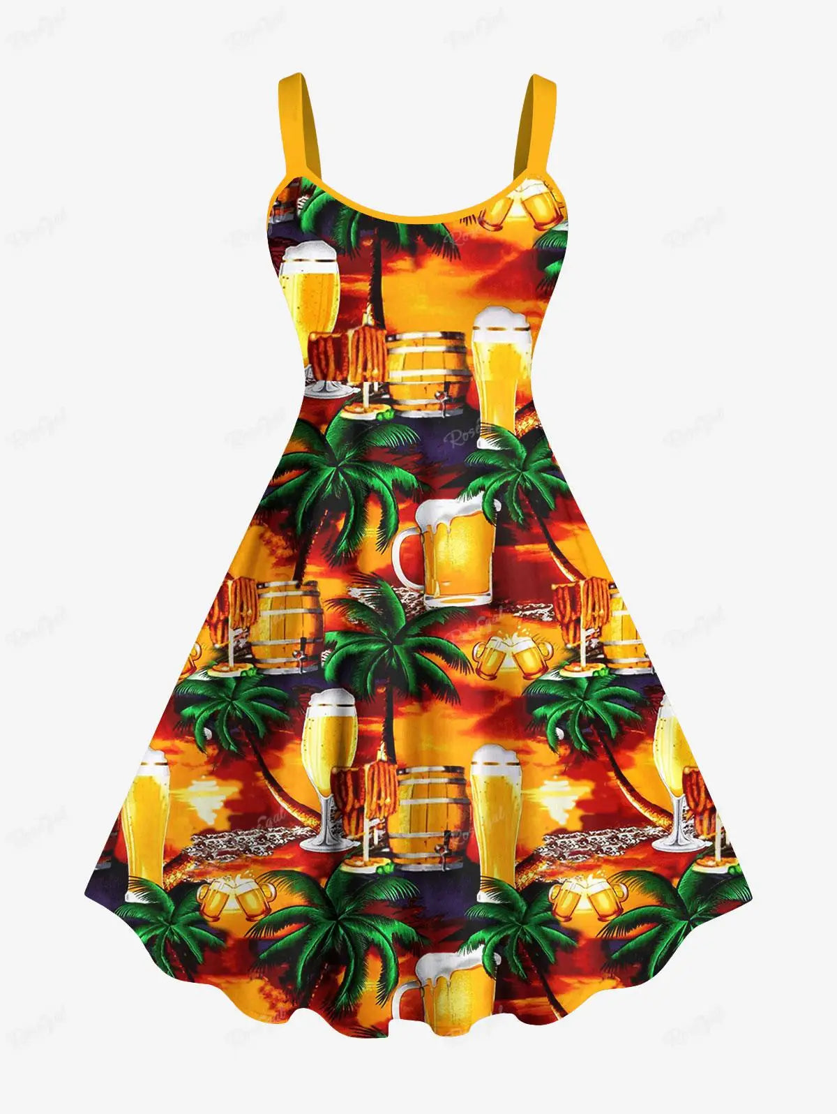 Hawaiian Tank Dress Women's Summer Coconut Tree Seascape Print Casual Sleeveless High Stretch Tropical Beach Sundress Vestidos