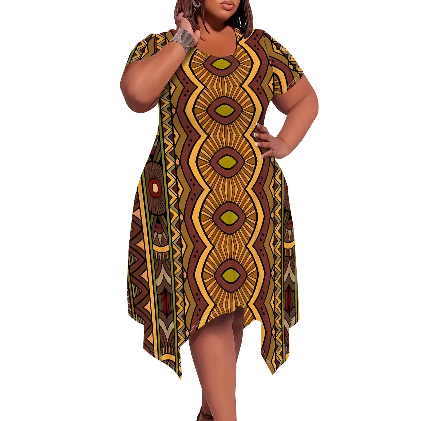 Tribal Pattern T-Shirt Dress - Round Neck Short Sleeve Knee-Length Hippie Chic