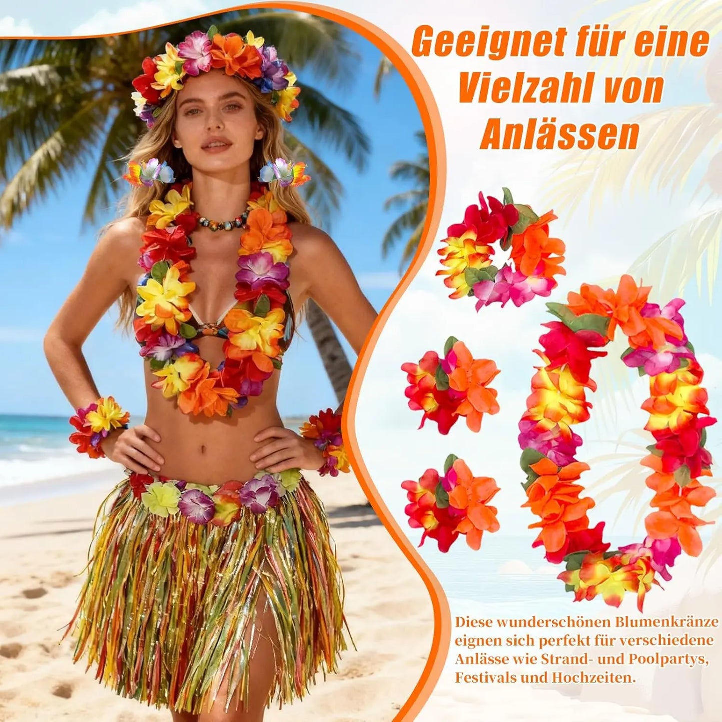 7pcs Women's Hawaiian Costume Full Outfit with Grass Skirt Flower Hawaiian Dance Dress Flower Necklace Bracelet Grass Skirt