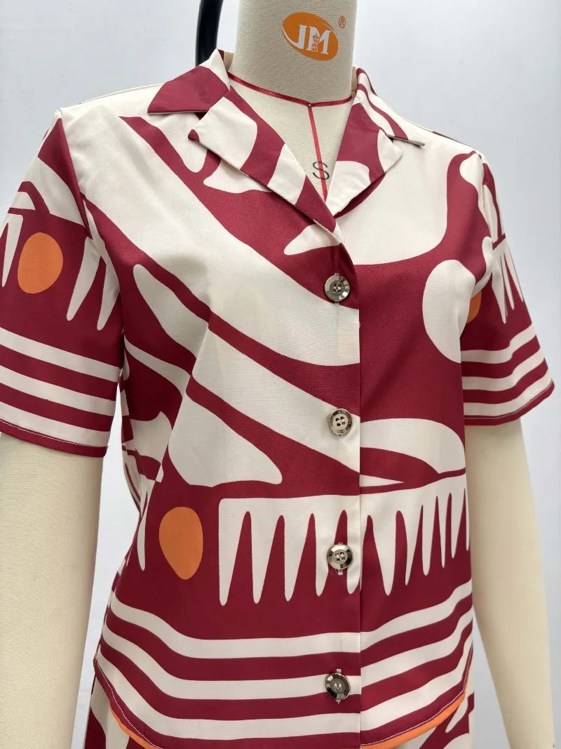 Women's African Print 2 Piece Set Tribal Pattern Short Sleeve Button Shirt + High Waist Wide Leg Pants Elegant Summer Outfits