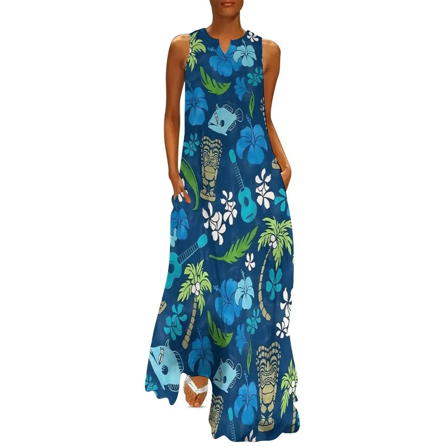 Sleeveless Hawaiian Dress For Women Spring Tropical Tiki Flowers Plants Boho Beach Long Dresses Female Casual Modern Maxi Dress