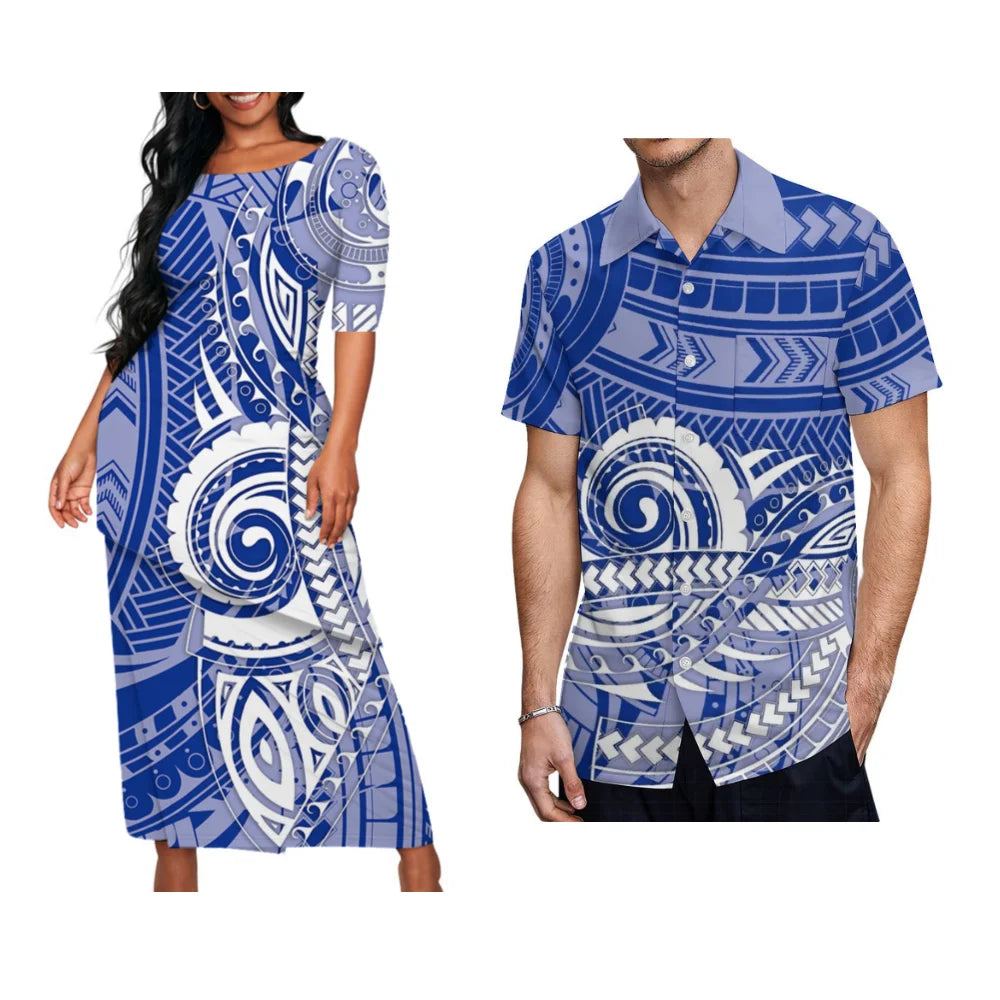 Samoan Tribal Print Summer Women's Double Suit Long Cress Puletasi Men's Hawaiian Shirt Custom Polynesian Couple Dress