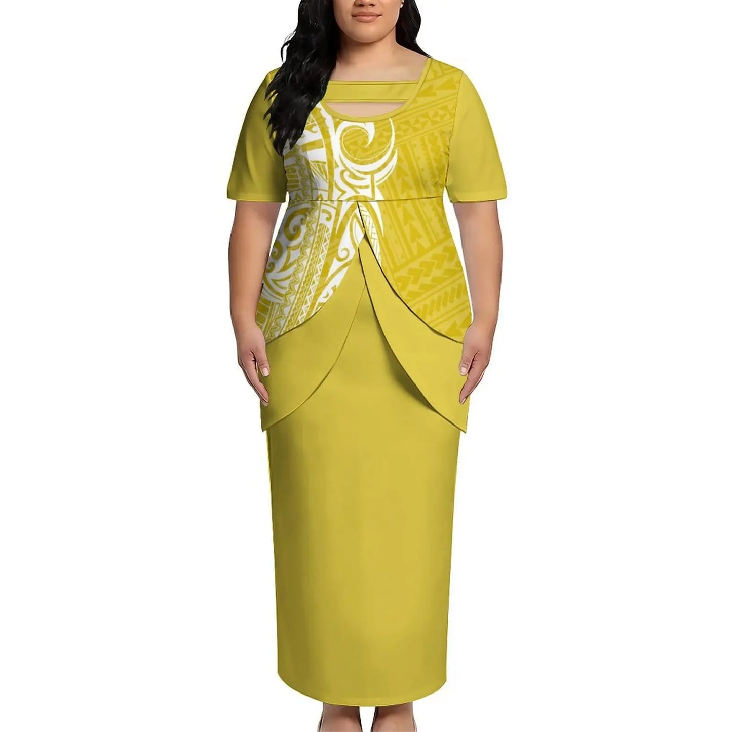 2026 New Arrival Polynesian Tribal Print Maxi Dress for Women Custom Tonga Puletasi Dress Samoan Round Neck Long Dress Two Piece