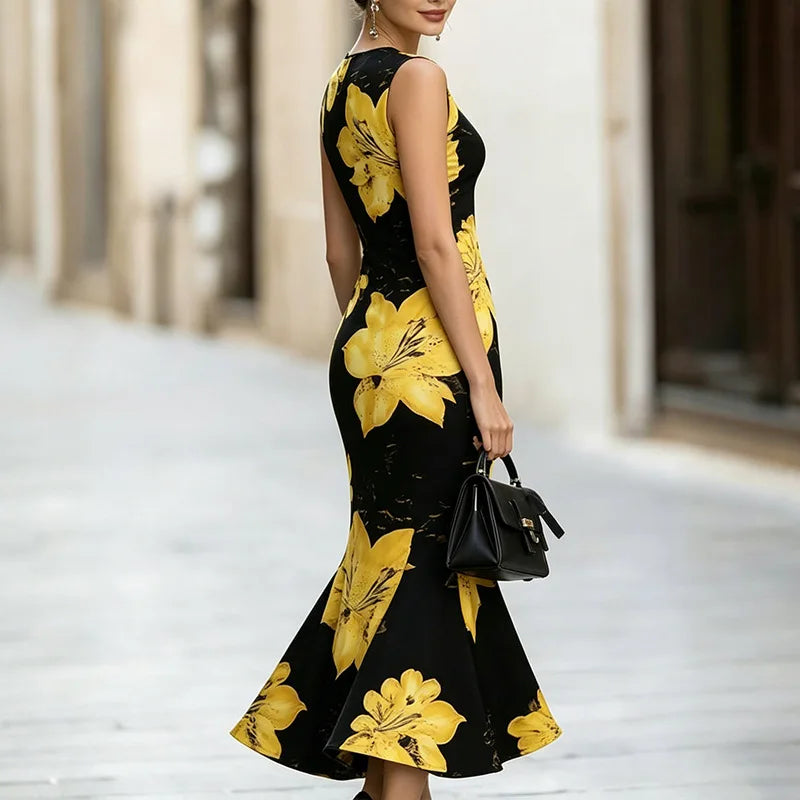 Women Dresses Print Mermaid Dress Round Neck Sleeveless Mid Calf Length Cinched Waist Slight Strech Casual Slim Fit 2026 Summer