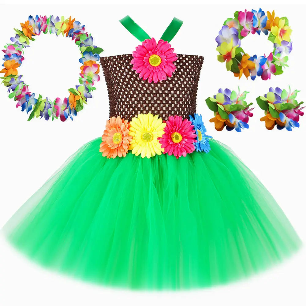 Hawaiian Costume Outfit for Girls Luau Beach Party Flowers Tulle Tutu Dress Kids Halloween Carnival Hawaii Princess Dress Up