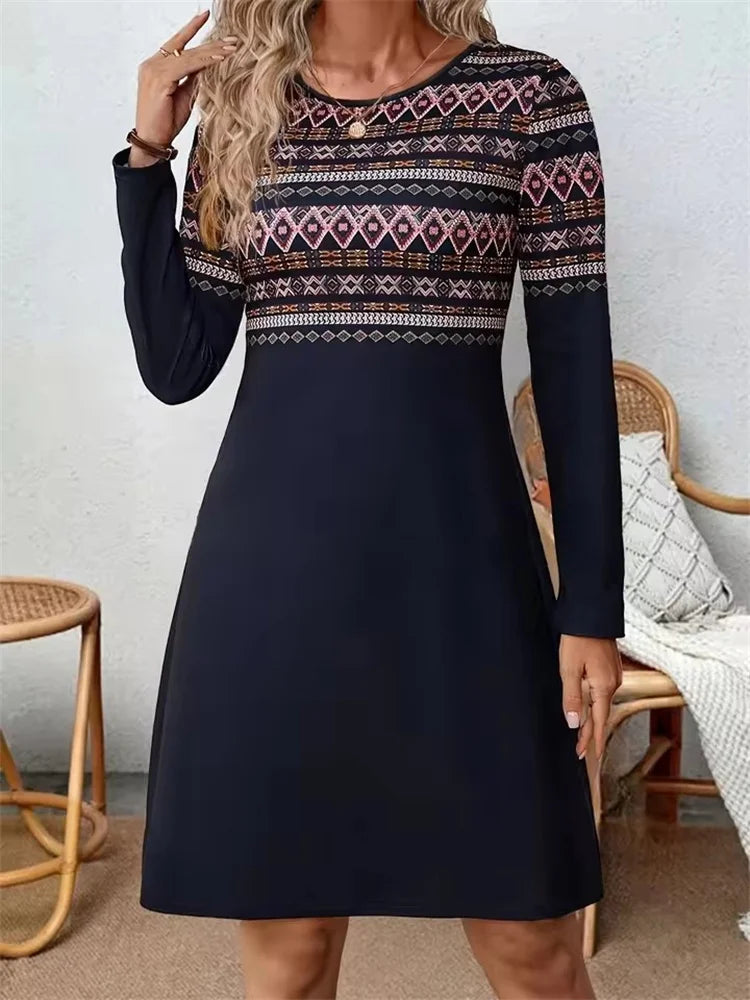 Tribal Ethnic Style Pattern Print Dresses For Women 2025 Autumn Winter Dress Fashion Long Sleeve Loose Dresses Female Clothing