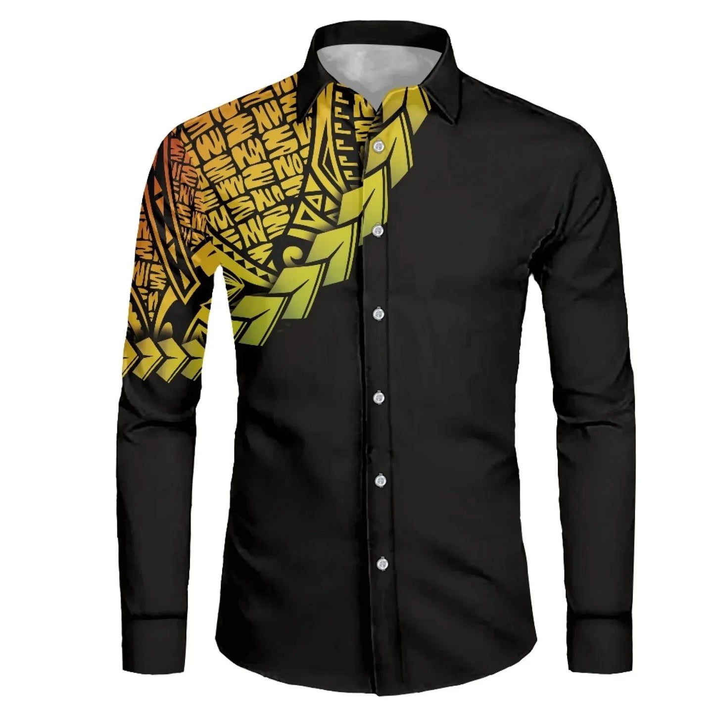 Polynesian Tribal Fijian Totem Tattoo Fiji Prints Men Party Shirt Long-Sleeved Button (USA SIZE XS S M L XL 2XL 3XL 4XL 5XL 6XL)