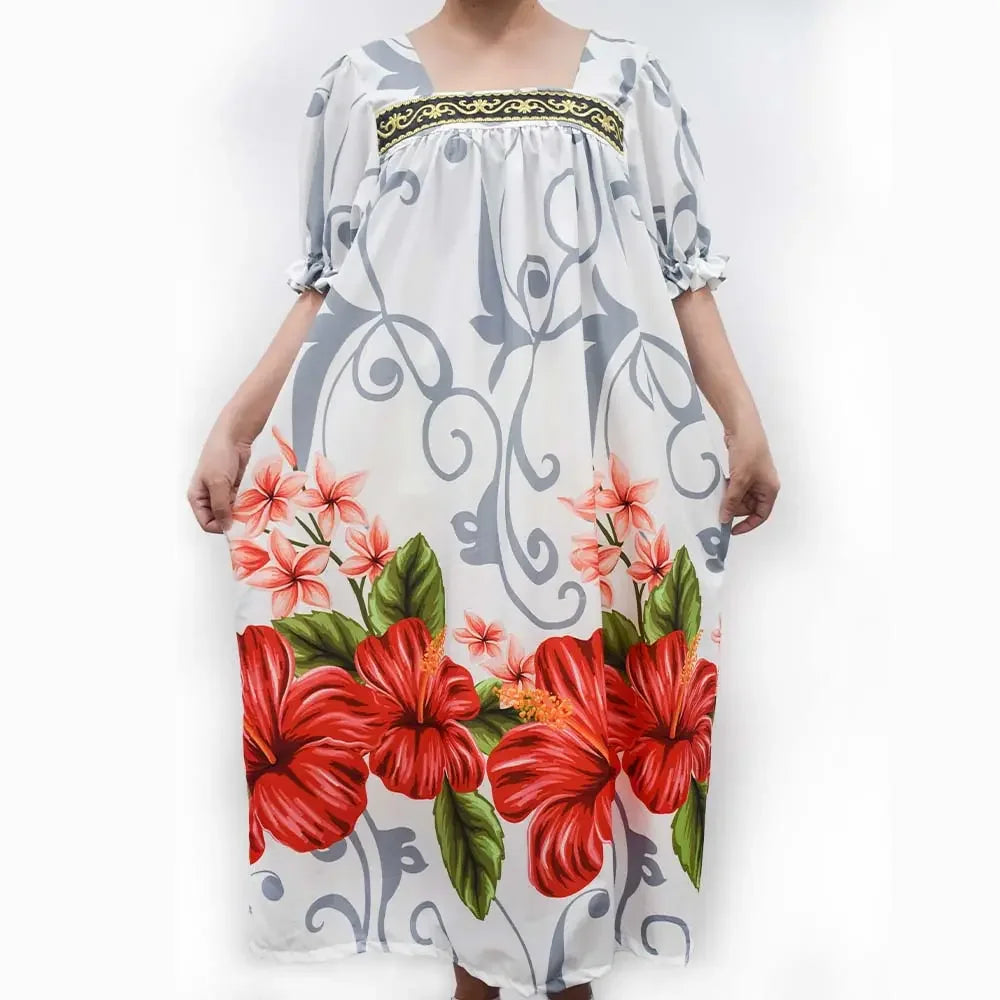 Custom Print Polynesian Mumu Puff Sleeve Dresses Hawaiian Flower Print Micronesian Loose Muumuu Dress With Lace for Women