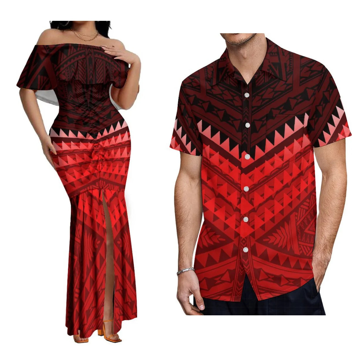 Custom Samoan Dress Women'S Off-The-Shoulder Dress Hawaiian Party Fishtail Skirt And Men'S Shirt Polynesian Couple Suit