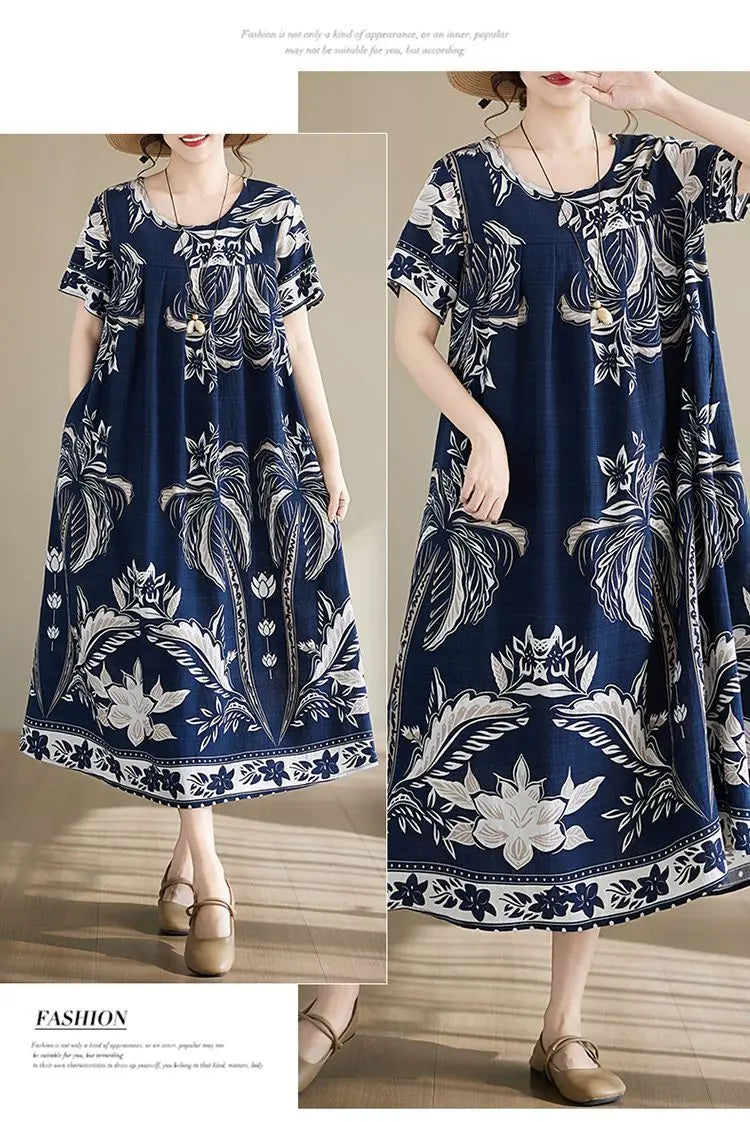 Women's Ethnic Print Cotton Dress Short Sleeve Loose Plus Size Summer Maxi Dress