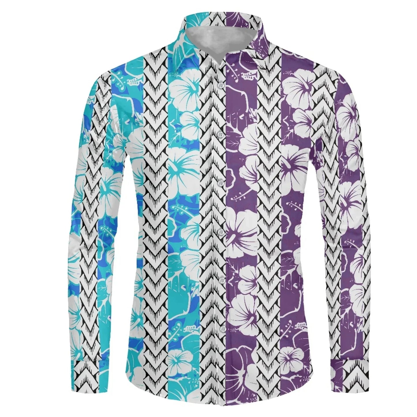 Polynesian Tribal Fijian Totem Tattoo Fiji Prints Men Party Shirt Long-Sleeved Button (USA SIZE XS S M L XL 2XL 3XL 4XL 5XL 6XL)