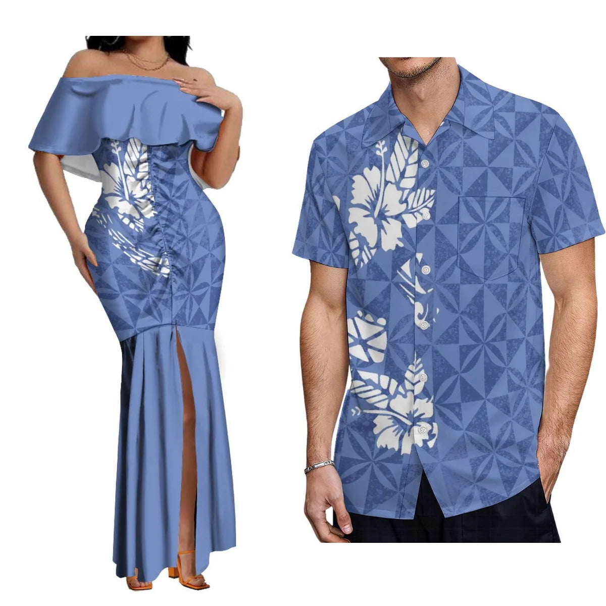 Custom Samoan Dress Women'S Off-The-Shoulder Dress Hawaiian Party Fishtail Skirt And Men'S Shirt Polynesian Couple Suit