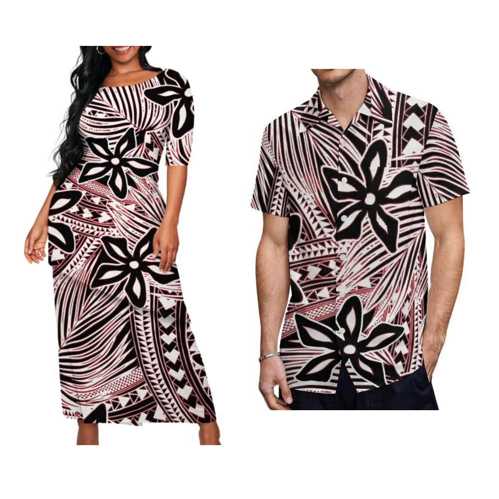 Samoan Tribal Print Summer Women's Double Suit Long Cress Puletasi Men's Hawaiian Shirt Custom Polynesian Couple Dress