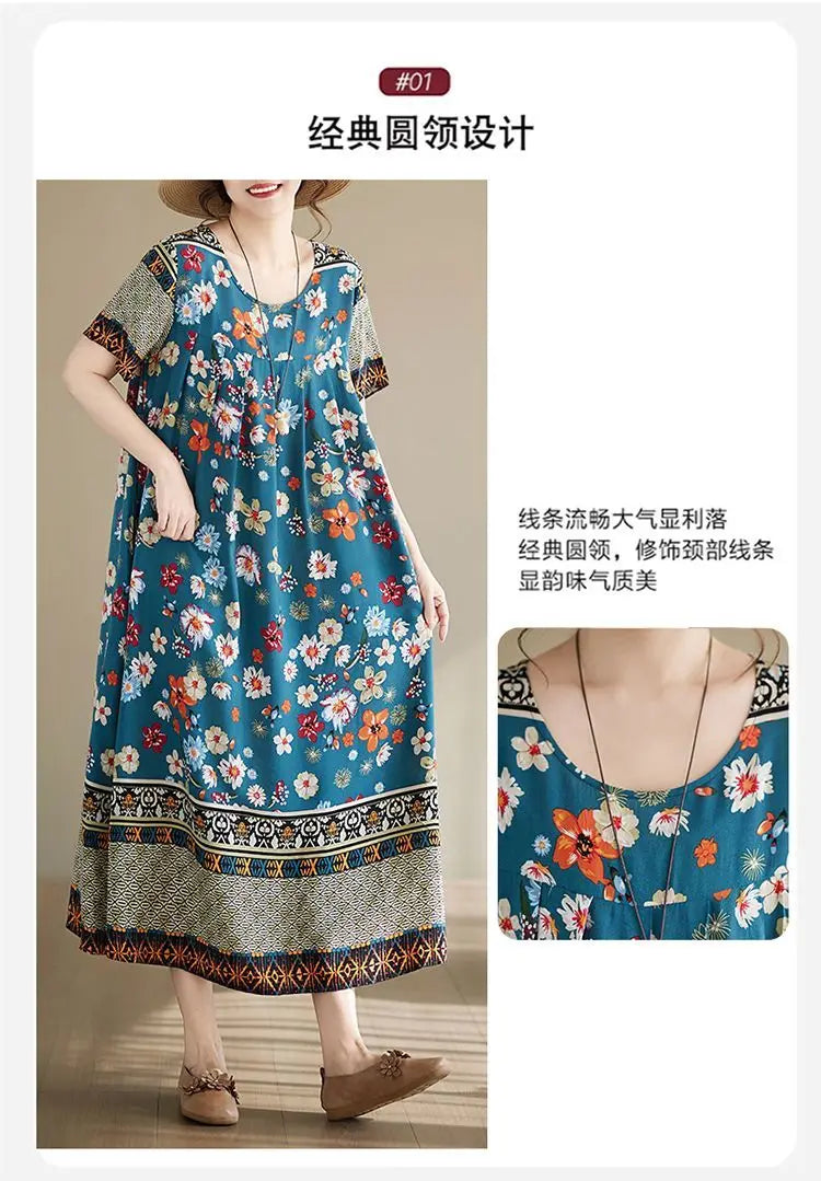 Women's Ethnic Print Cotton Dress Short Sleeve Loose Plus Size Summer Maxi Dress