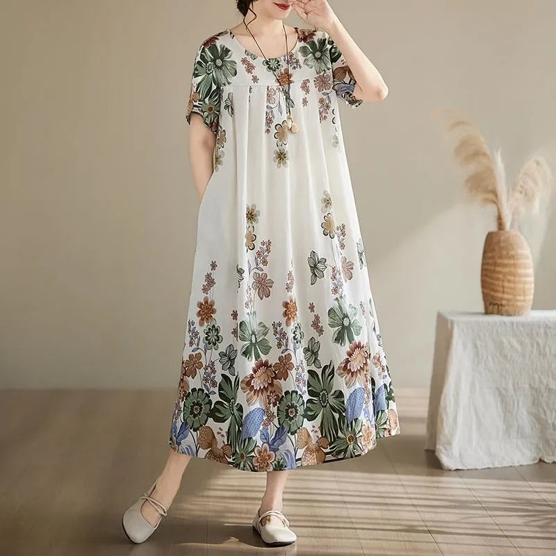 Women's Ethnic Print Cotton Dress Short Sleeve Loose Plus Size Summer Maxi Dress